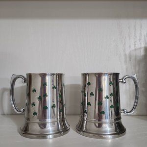 Shamrock 3 Leaf Clover Stainless Steel Set 2 Mugs Irish St Patrick's